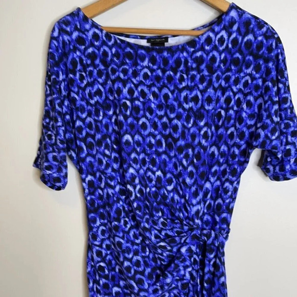 ANN TAYLOR Ruched Tied Waist Dress Blue Print Draped Dolman Sleeve Size M - Picture 3 of 11